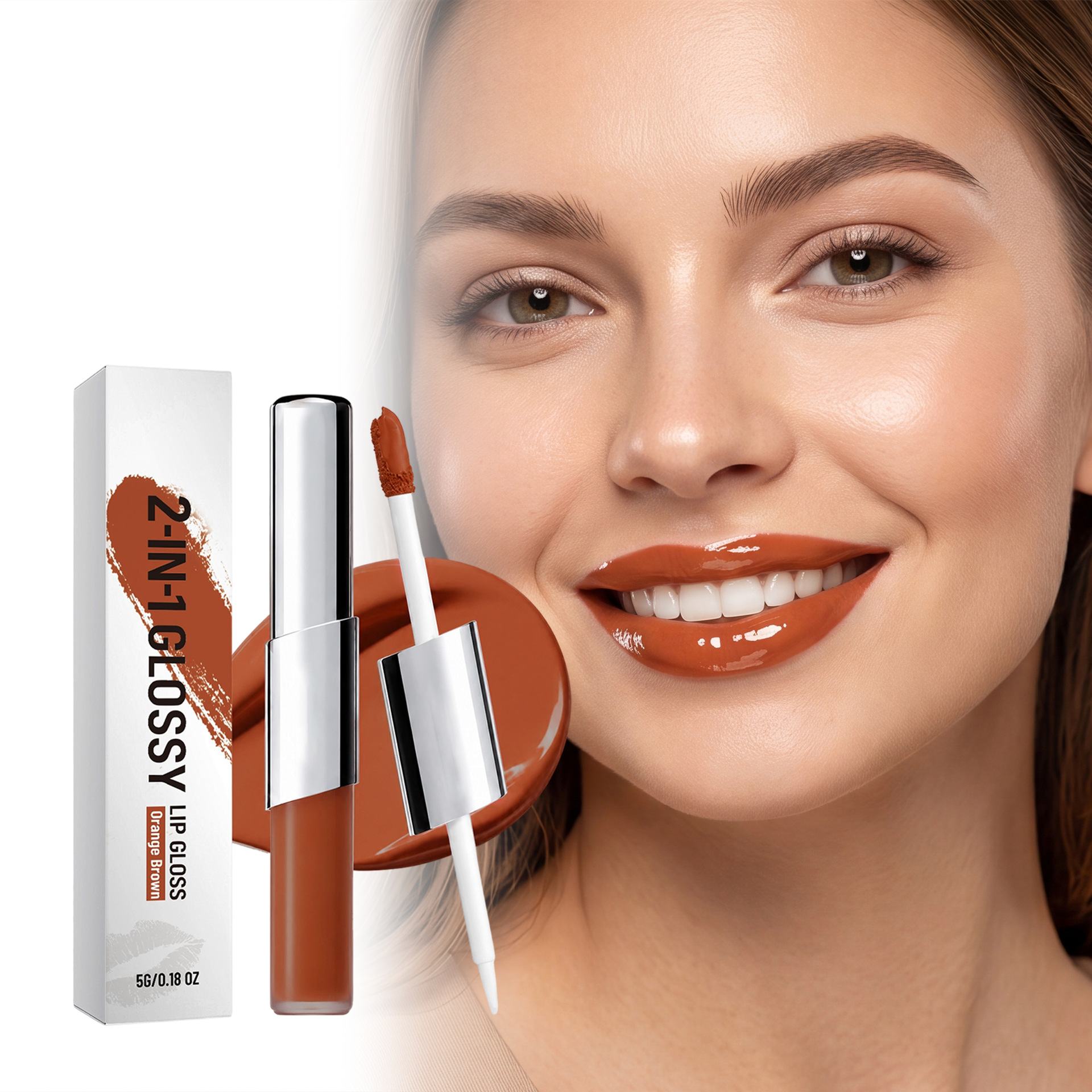 Two-In-One Long-Lasting Glossy Lip Gloss (Orange Brown) That Smoothly Outlines the Lip Line, Giving a Natural Shine and a Hydrated, Three-Dimensional Look to the Lips