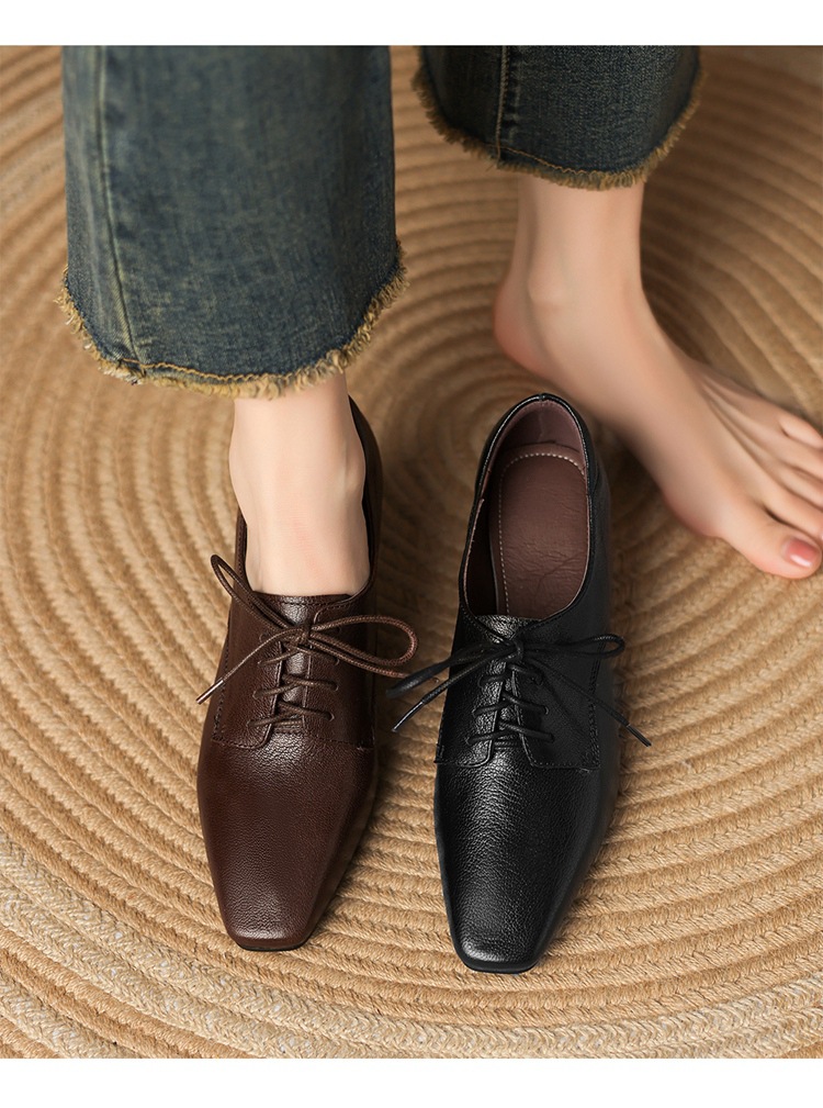 Giày da nữ đầu vuông gót thô buộc dây kiểu Anh — Màu nâu chi tiết 6