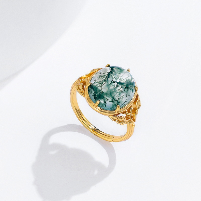 Luxurious Geometric Sterling Silver Plating Moss Agate 10k Gold Plated Open Rings display picture 4