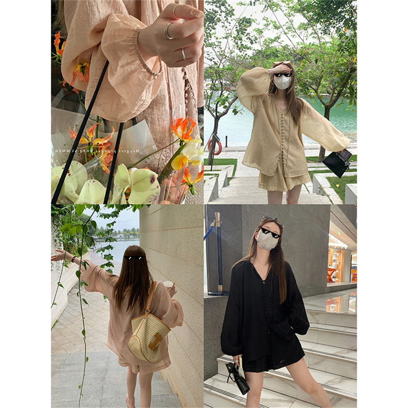 HEYGIRL Black Brother Windsor Love Puff Sleeve Thin Sunscreen V-Neck Shirt Women's Summer Light Shorts suit