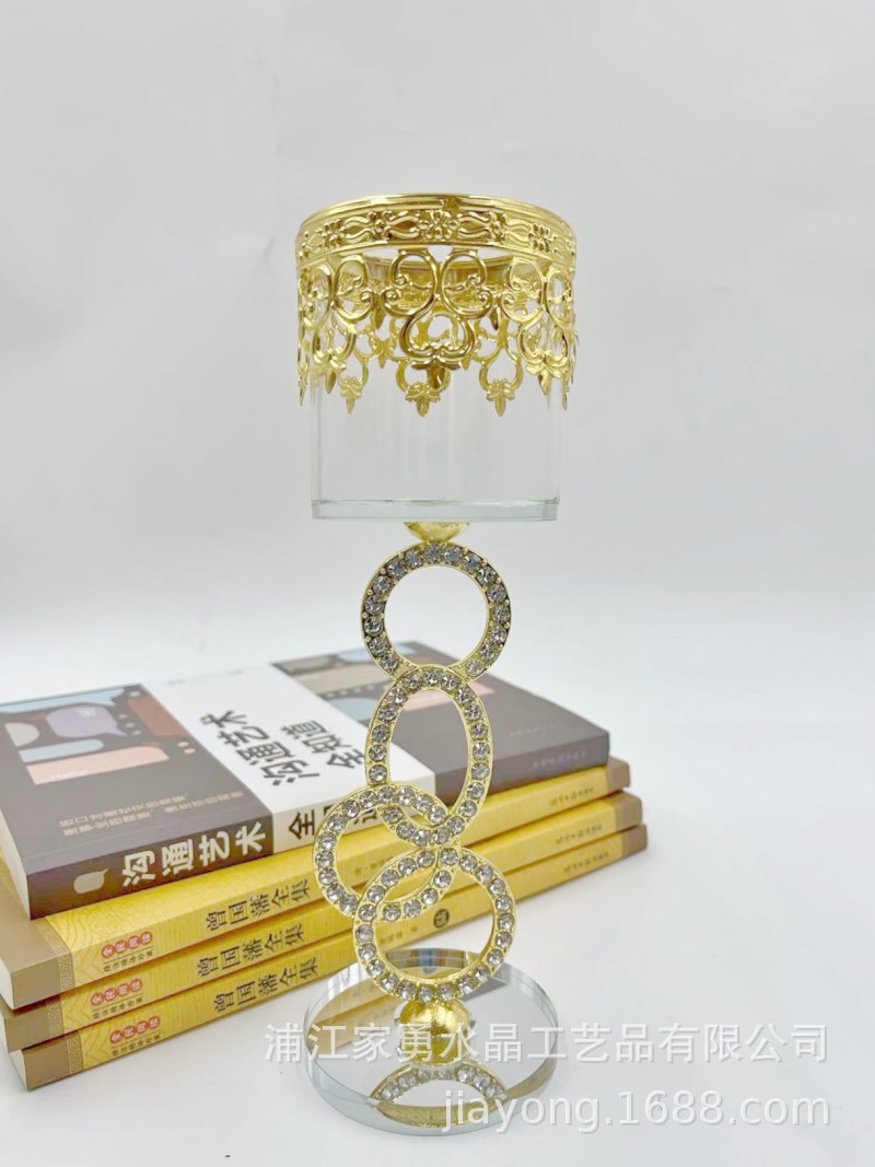 Nuevo moderno simple cilindro de cristal candelabro metal mantequilla lámpara titular diamante anillo hierro candelabro