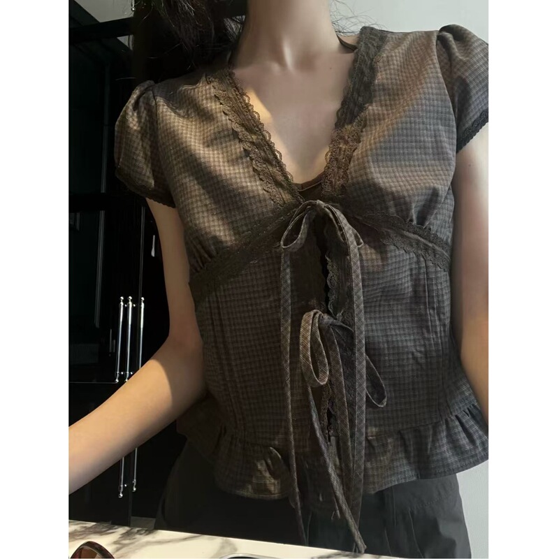 Korean-Style Lace-Up Plaid Retro Shirt Top, Versatile for Job Interviews and Photoshoots, Gray Light Khaki, Off-Shoulder, High Elasticity