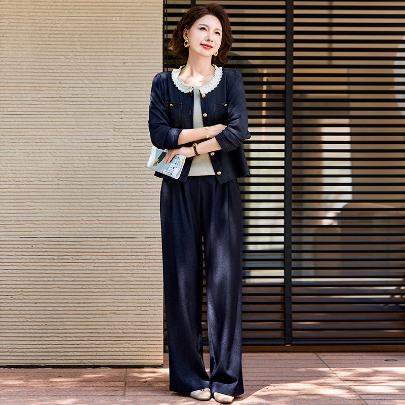 Fashionable Autumn Outfit New Fashion Set for Mothers Young Mothers Wide-Leg Pants Denim Blue Two-Piece Set for Women