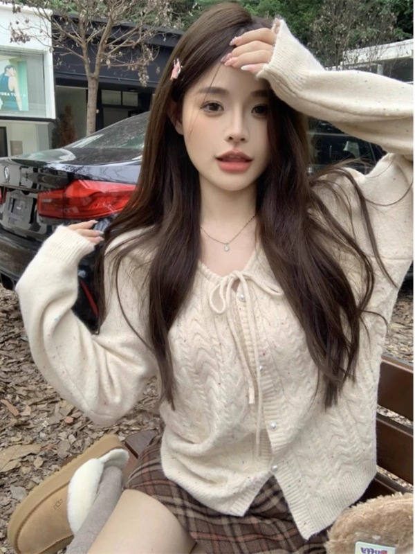 温柔风系带珍珠扣针织毛衣开衫女早春秋季2025新款设计感麻花上衣|undefined