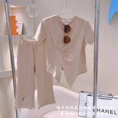 韓版時尚新款女童夏季套裝時尚女寶寶短袖上衣休閒長褲兩件套