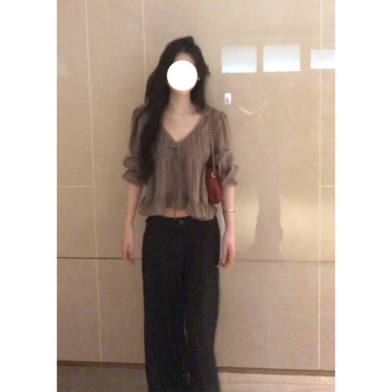 In stock Korean style ruffled V-neck long-sleeve shirt top for women, new summer lace casual pants set