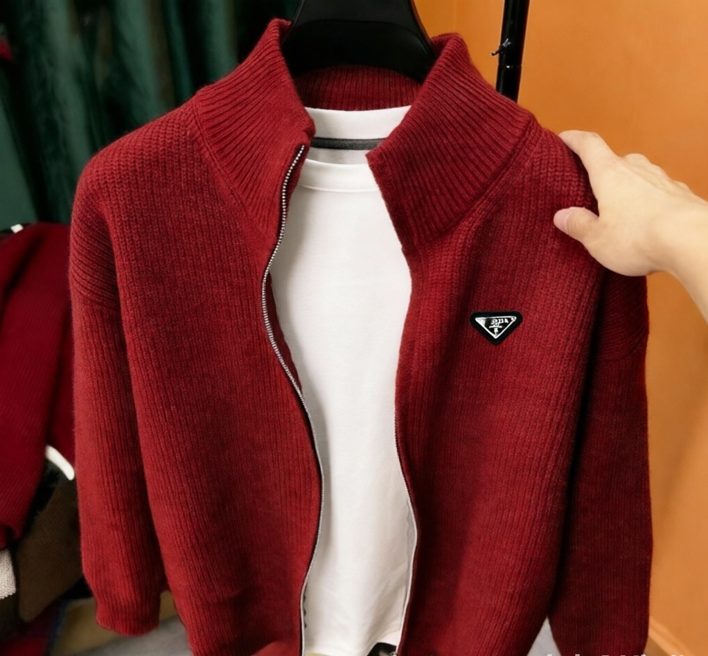 Prada Triangle Logo Zip Sweater Red
