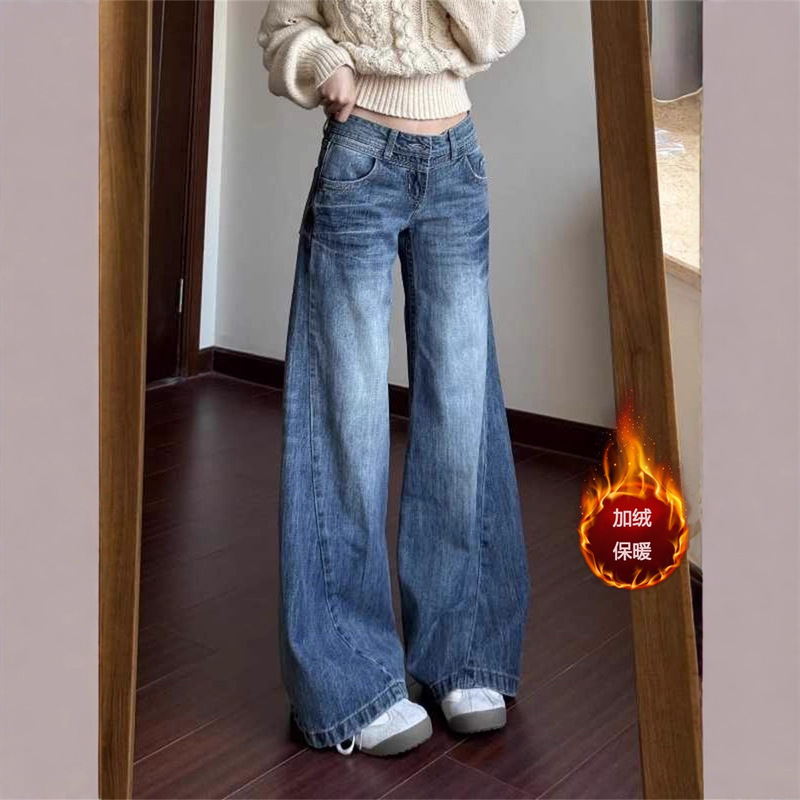American-Style High-Waisted Women's Jeans for Autumn and Winter, New Fleece-Lined Thickened Plus-Size Slimming Design, Loose Wide-Leg Pants American-Style High-Waisted Women's Jeans for Autumn and Winter, New Fleece-Lined Thickened Plus-Size Slimming Design, Loose Wide-Leg Pants