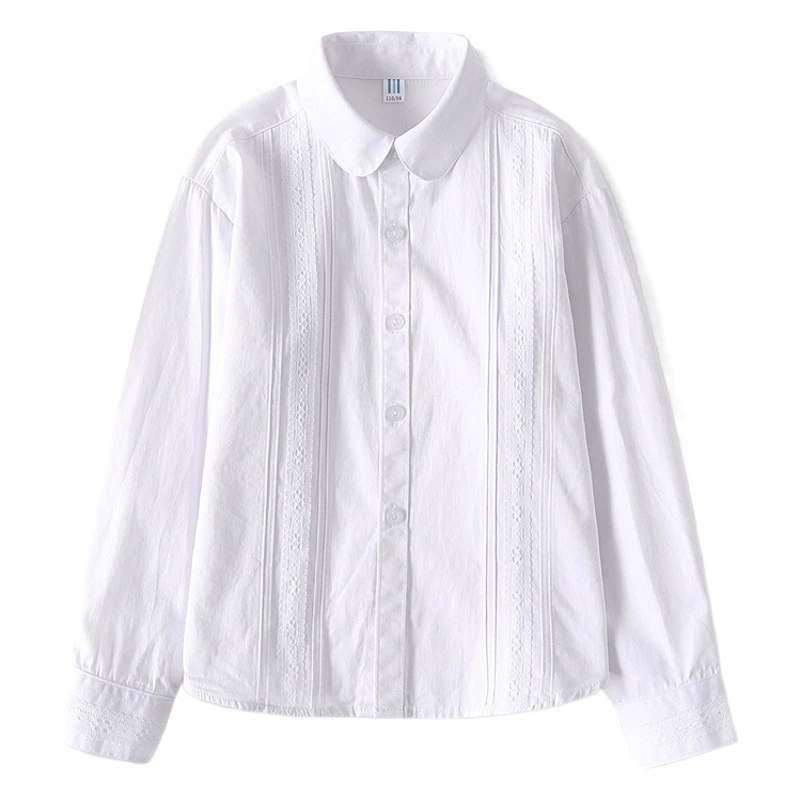Белая рубашка из чистого хлопка для девочек, весенне-осенняя школьная форма для учащихся начальной и средней школы, школьная форма для выступлений, детская белая тонкая рубашка с длинным рукавом, классная форма