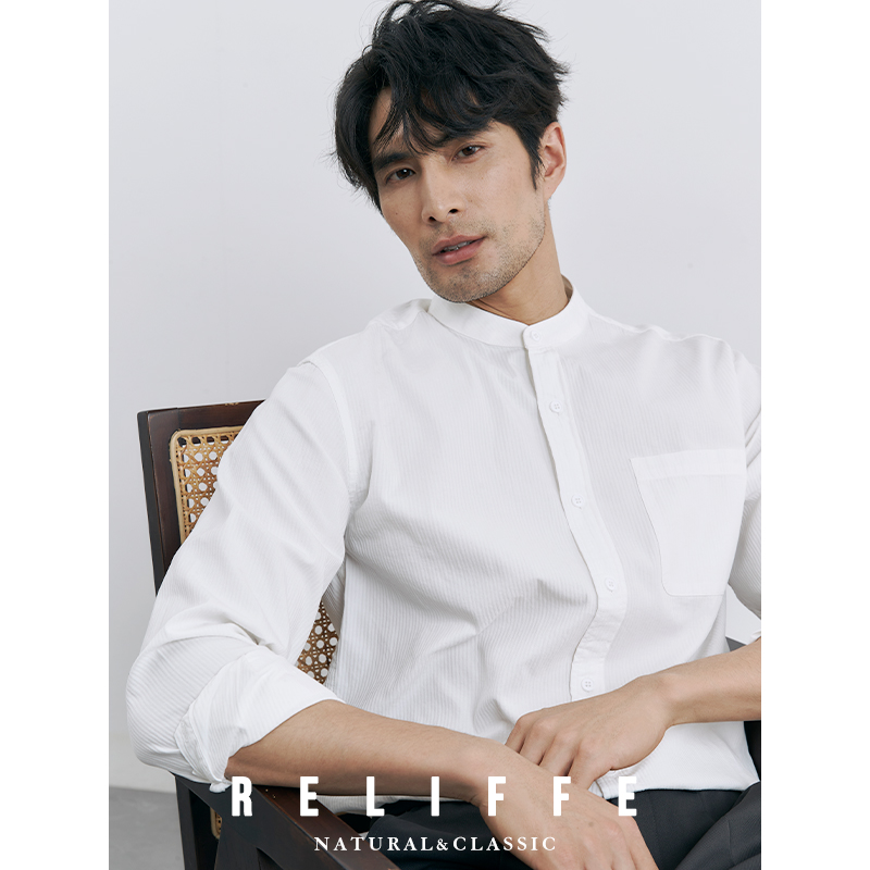Spring and Autumn Design Sense Men's Round Neck Casual Shirt Men's Business High Sense Long Sleeve Vertical Collar White Shirt Trendy