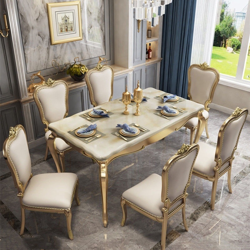 2025 New Accessible Luxury Dining Table and Chairs European Solid Wood Dining Table Marble Dining Table and Chairs Rectangular Home Dining Table and Chairs