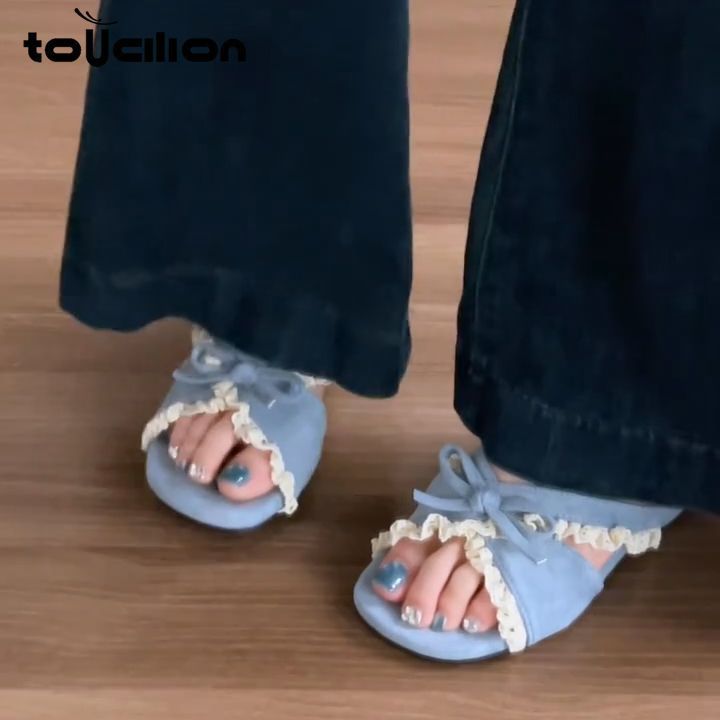 El arco dulce francés bordes de encaje una zapatilla fría 2026 verano nuevo tacones desnudos zapatillas de media palabra image 4