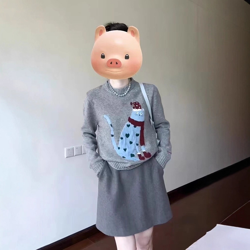 韩系慵懒风卡通猫咪提花毛衣女2025秋冬新款高级感套头针织衫上衣|undefined