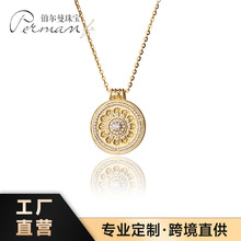 925纯银项链罗盘八宝吊坠项链 高级个性轻奢锆石镂空花丝圆牌项链