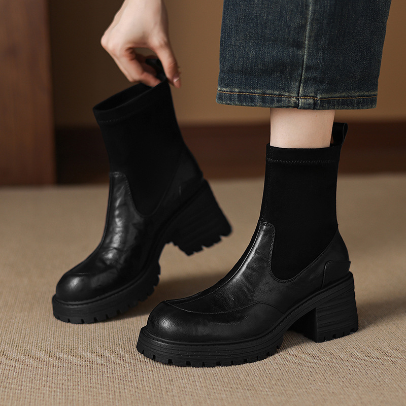 Boot cổ ngắn cao gót đế dày mũi tròn phong cách retro thu đông 2025, phối dệt kim, gót thô ôm chân — nhung đen, Nhung nâu, Lớp lót đơn màu đen, Lớp lót đơn màu nâu