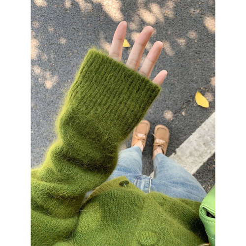Avocado Green Knit Cardigan for Women - High-End, Relaxed Style, Outerwear Sweater Jacket with Soft Collar - Retro Top