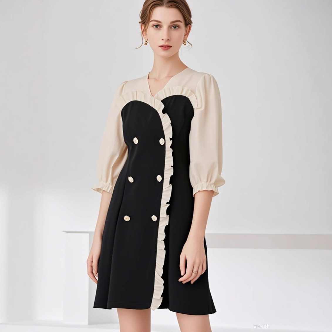 南油孤品捡漏特价！ 醋酸拼天丝双排扣收腰显瘦中袖连衣裙通勤