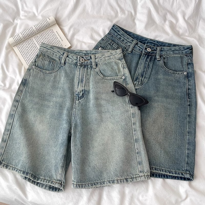 Vintage Distressed Jeans Women's Summer New Large Size High-Waisted Loose Wide-Leg Knee-Length Pants Petite Mid-Length Pants