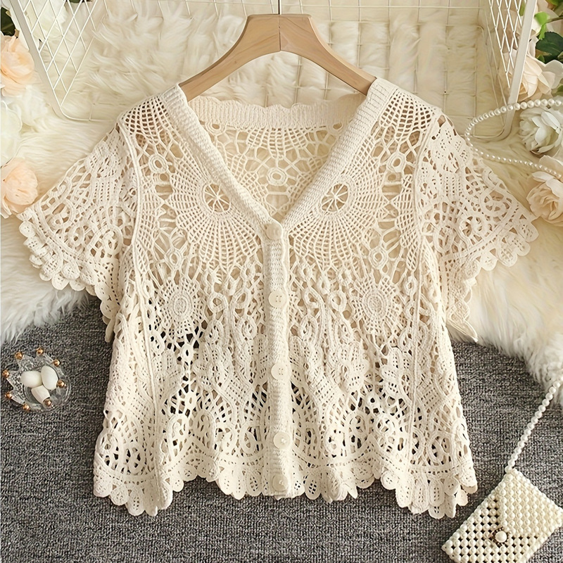 Bohemian style chic crochet knit cardigan, short-sleeved, V-neck lightweight summer top 601 Bohemian style chic crochet knit cardigan, short-sleeved, V-neck lightweight summer top 601