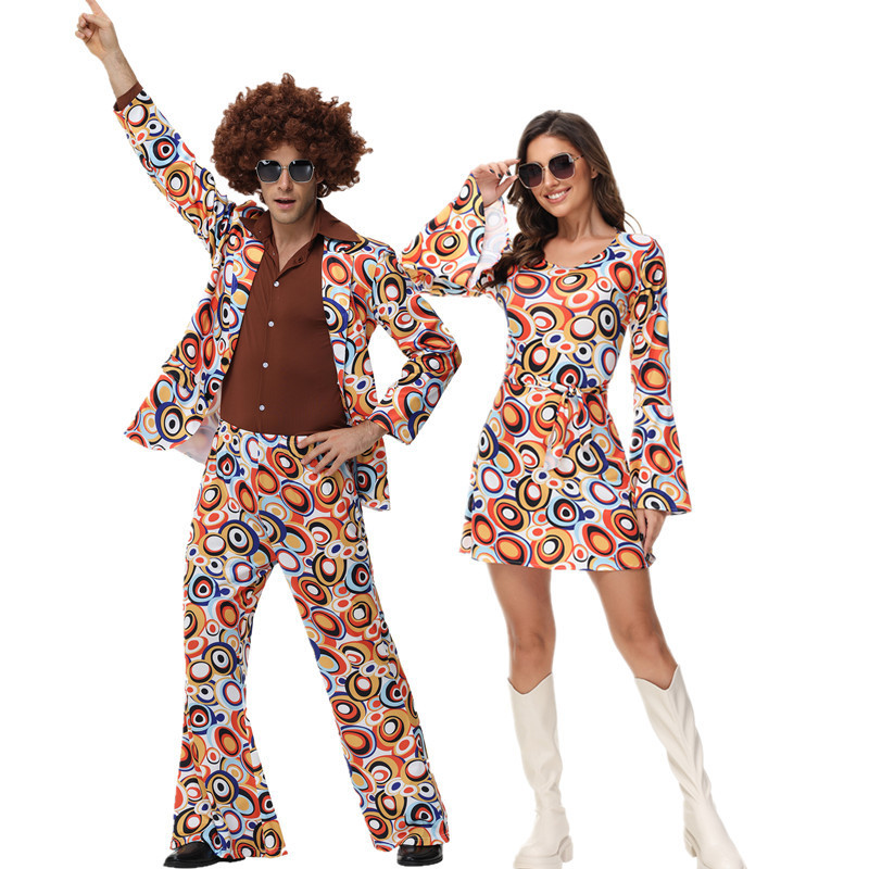 Cross Border Halloween Hippie Costume European and American Print Male and Female Couple 70 s Vintage Disco Holiday Dress