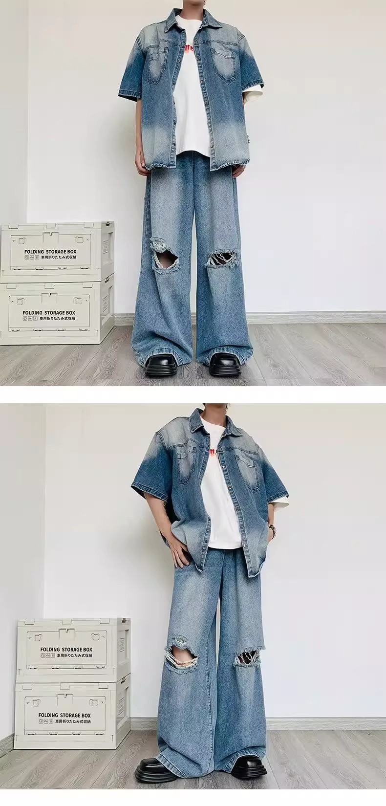 Camicia in denim vintage rétro e jeans strappati da uomo_voghion.com