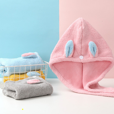 珊瑚絨幹發帽女可愛卡通兔耳朵幹發巾吸水速幹包頭巾浴帽擦頭毛巾