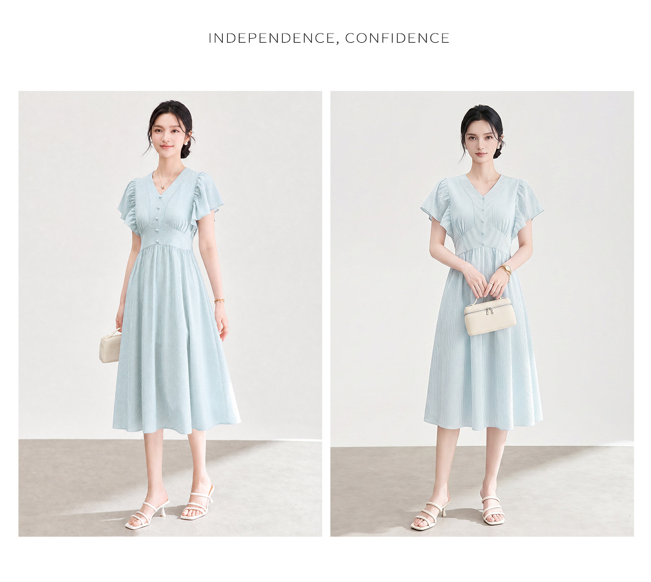 Đầm nữ cổ chữ V tay lá sen sọc kẻ thanh lịch — xanh lam chi tiết 13