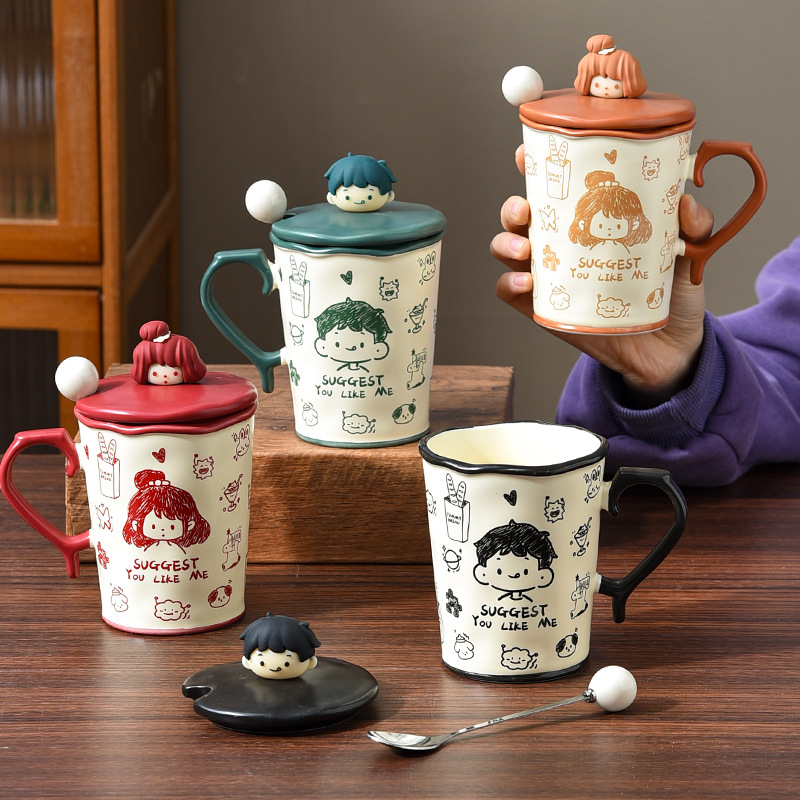 涂鸦陶瓷水杯情侣杯子ins风 大容量手绘马克杯带盖带勺送女生礼物