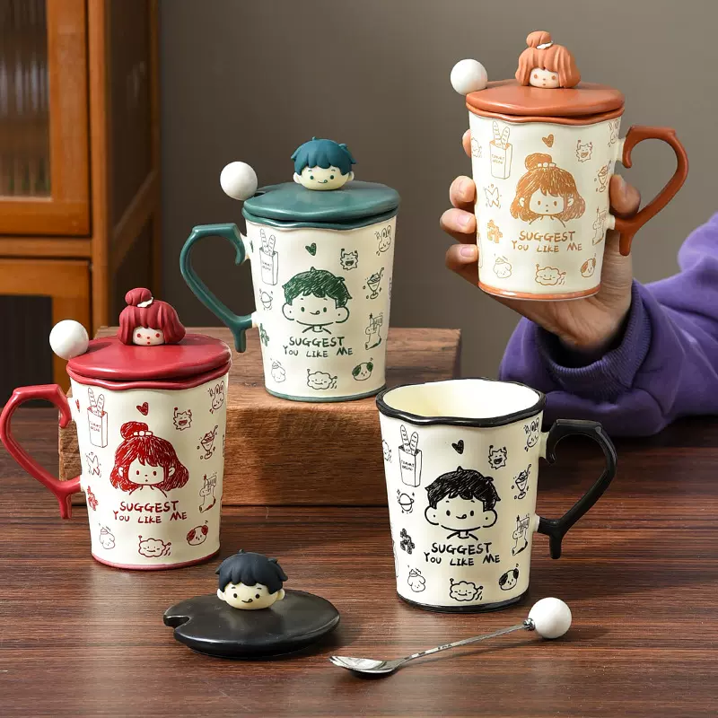 涂鸦陶瓷水杯情侣杯子ins风 大容量手绘马克杯带盖带勺送女生礼物