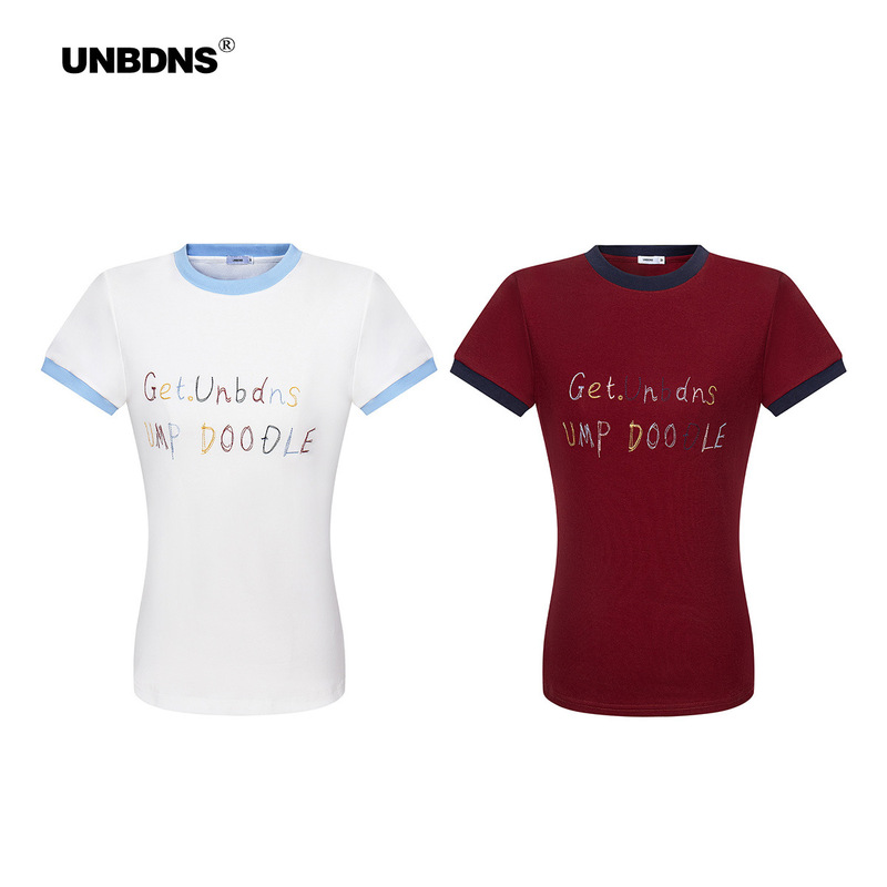UNBDNS Handwritten Letter Color Slogan Printing Color-contrast Edge Round Neck Shoulder Comfortable Slim-fit Short-sleeved T-shirt for Women UNBDNS Handwritten Letter Color Slogan Printing Color-contrast Edge Round Neck Shoulder Comfortable Slim-fit Short-sleeved T-shirt for Women
