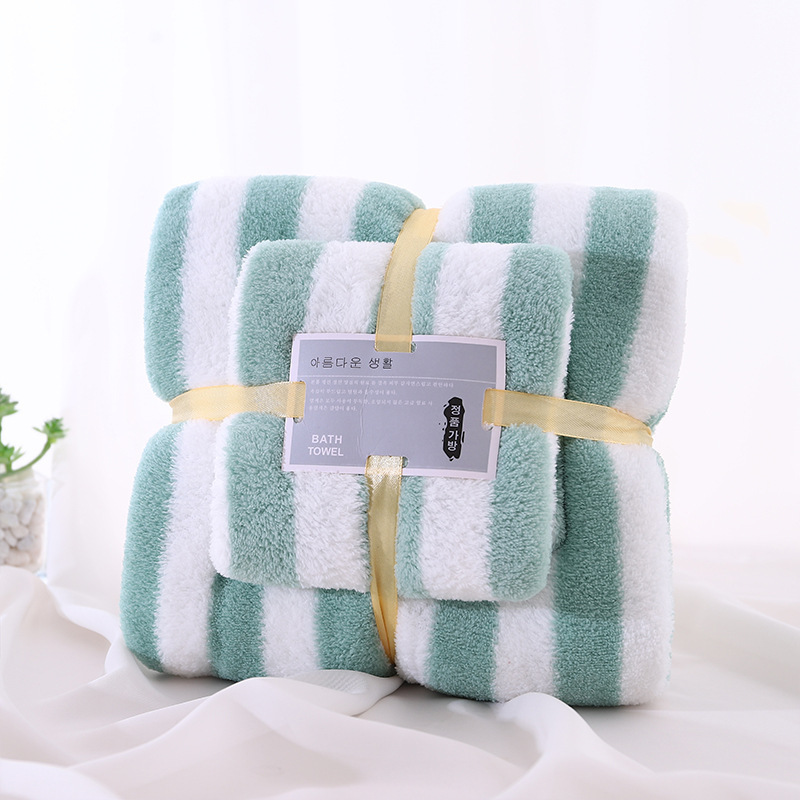 Towel Set, Mother and Child Towel, Absorbent and Non- shedding Face and Bath Towels, Wide Coral Fleece Striped Towel Set