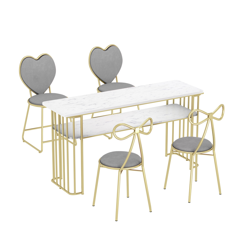 Nórdico de hierro forjado de doble capa de mesa de manicuras de mármol, sofá y silla red, mesa de manicuras de oro para una persona doble