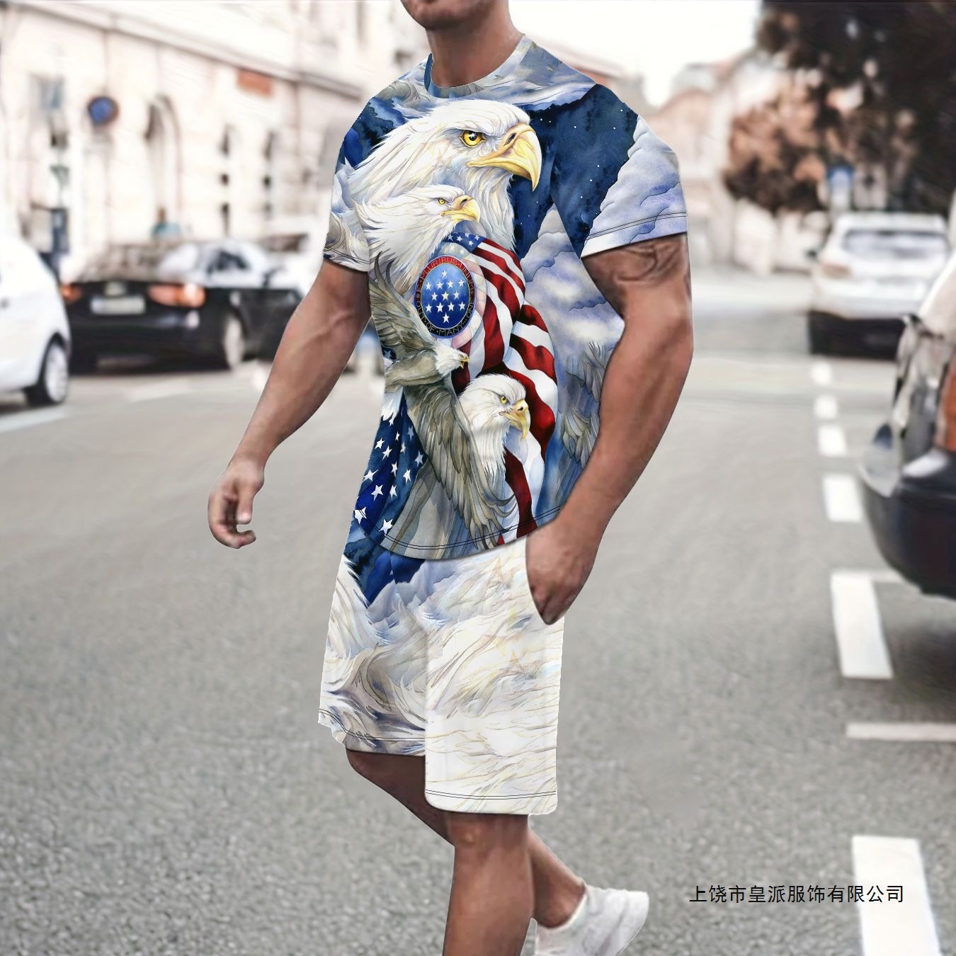 국경 간 대외 무역 남자 레저 세트 독립 기념일 시리즈 3D 인쇄 독수리 반팔 비치 바지 세트 주문