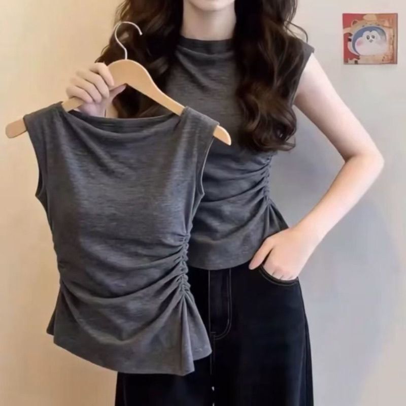 Summer New Style Pleated Waist-Cinching Short-Sleeve T-Shirt for Women, Stylish Slim-Fit Modal Cotton Top Summer New Style Pleated Waist-Cinching Short-Sleeve T-Shirt for Women, Stylish Slim-Fit Modal Cotton Top