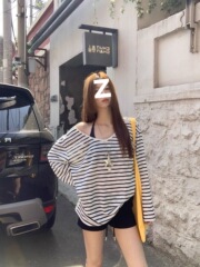 防晒罩衫女夏日穿搭2025新款长袖t恤宽松条纹斜肩上衣两件套