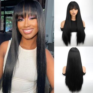 Wig Women's Long Straight Hair Air Bangs Natural Realistic Full Head Cover Chemical Fiber High Temperature Silk Wig Cover Cross-border Hot Sale