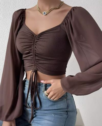 European And American Women's Fashion 2026 Low-Cut Sexy V-Neck Chiffon Patchwork Drawstring Lantern Sleeve_ecoleips.com
