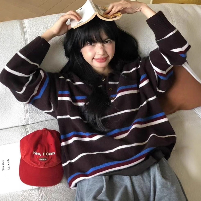 Korean Hone Same Style Contrasting Stripesd Pullover Knitwear Women's Autumn and Winter New Style Lazy Loose Knitwear Top 1215