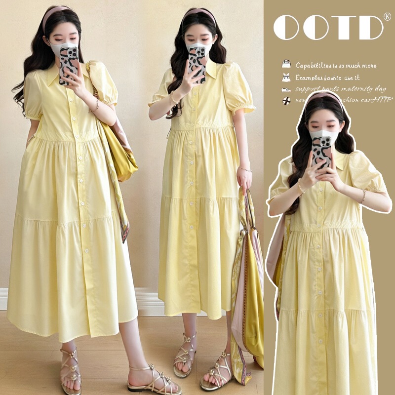 Real shot of 2026 new summer maternity dress, loose-fitting, slimming, fashionable, suitable for trendy moms to wear out, with nursing features