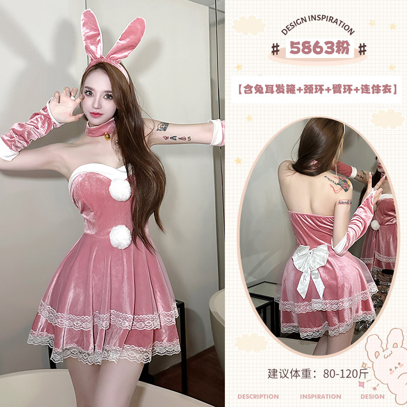 Amor Ruo lencería sexy nuevo tubo de terciopelo vestido superior oversleeves lindo conejito Navidad ropa traje 5683