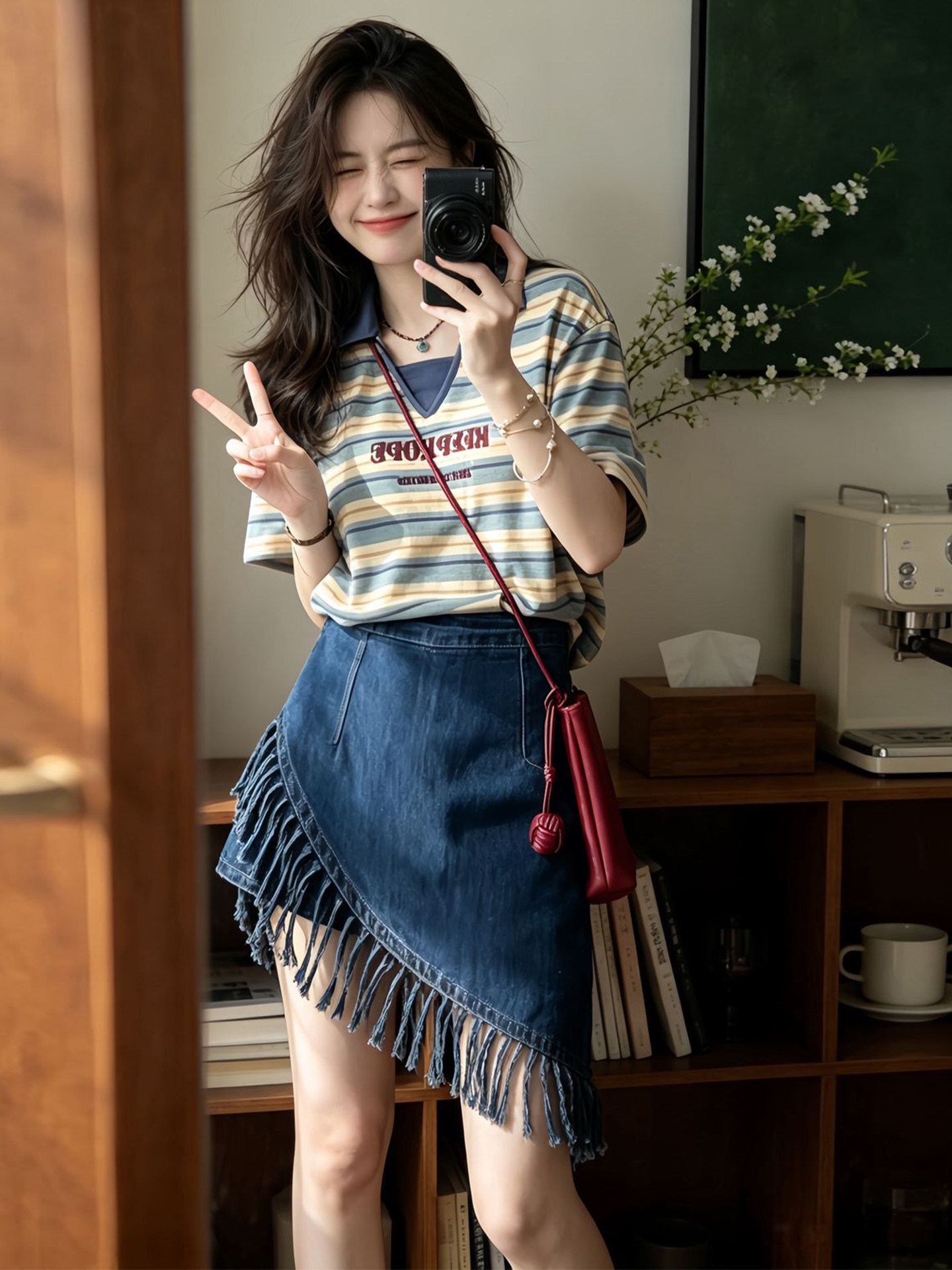 Bộ áo thun sọc ngắn tay kết hợp chân váy jean nữ phong cách Hàn Quốc — Trang chủ