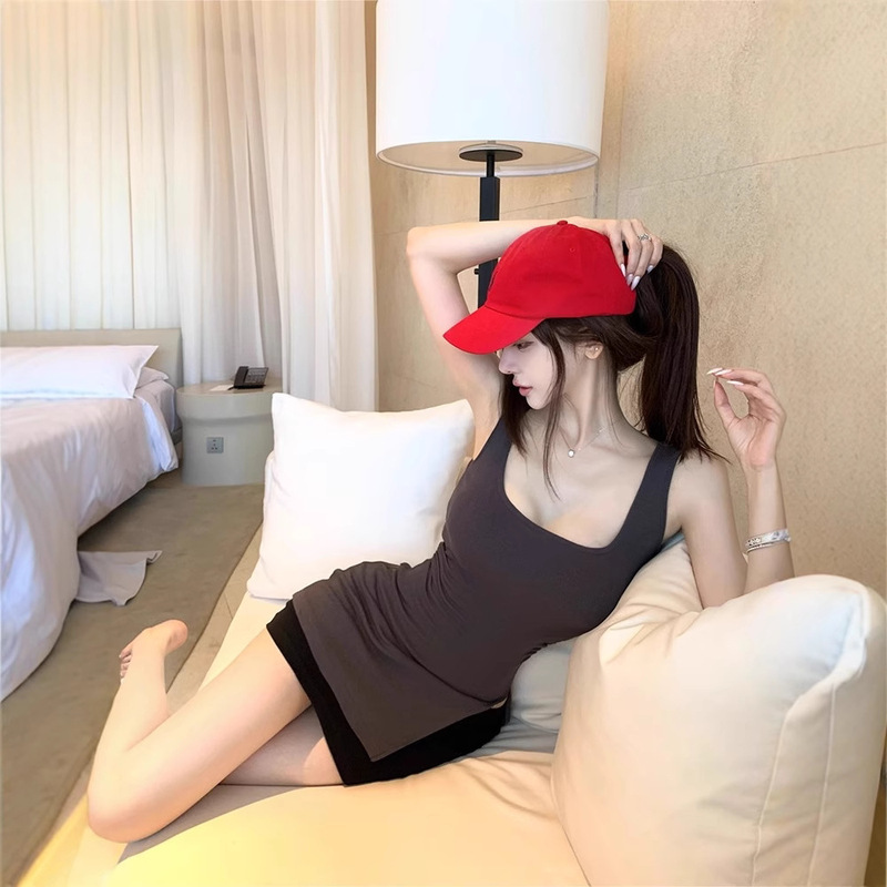Han Yujia 胸が大きくウエストが細い 82% レーヨン ラージ U ネック ストレッチ ピンチ プリーツ スリット ニット ベスト 胸パッド付き|undefined