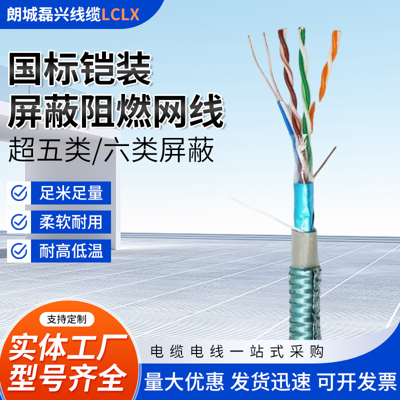 National standard Category 5e armored network cable, rodent-proof, steel tape, iron sheath, oxygen-free copper core, unshielded, for engineering, household, outdoor, and underground use