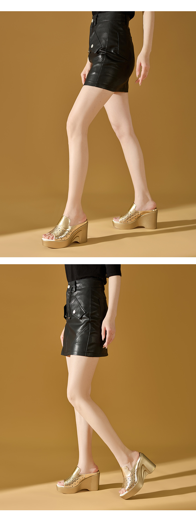 Dép sandal nữ quai ngang đế xuồng cao gót 9 cm da PU lỗ rỗ — màu vàng, bạc chi tiết 5