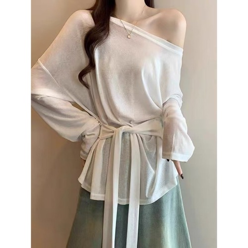 Korean-style design tie-waist long-sleeve T-shirt for women, summer thin version sunscreen cover-up, elegant off-shoulder and diagonal shoulder top