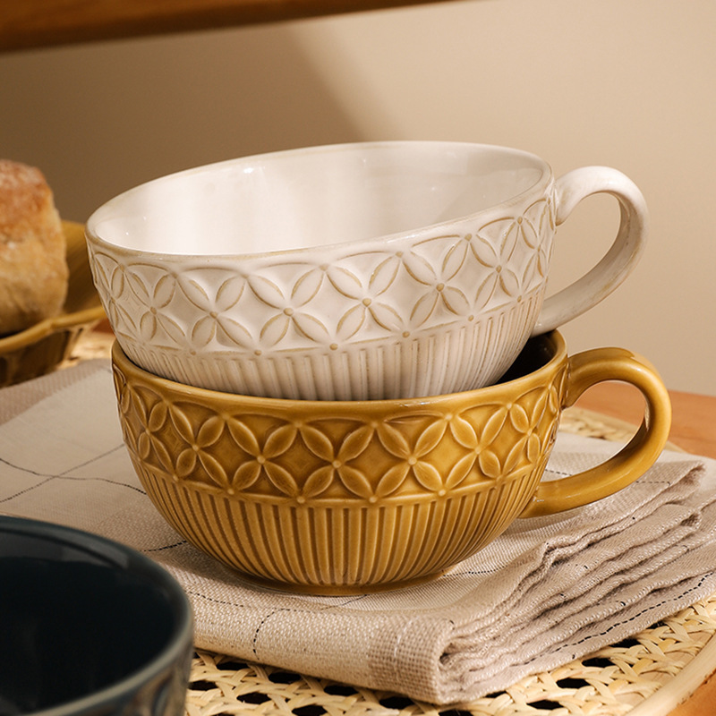 Japanese Retro Nara Relief Ceramic Tableware Underglaze Color Kiln Change Household Coffee Cup and Saucer Milk Cup Cup