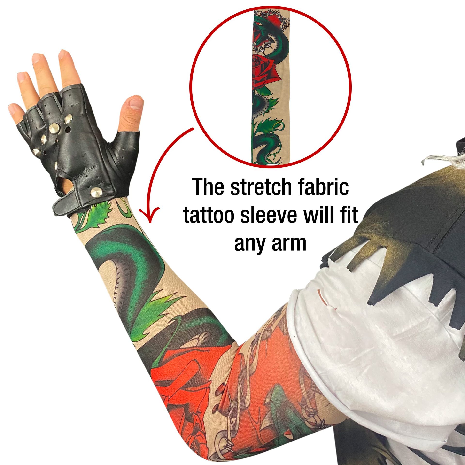 Pelo rockero metal traje peluca con tela Paisley diadema, cubierta del tatuaje y guantes de ciclismo