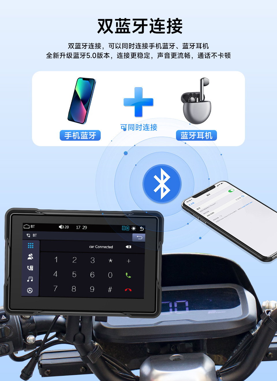 5inch Motorcycle Carplay Dash Cam Dual Recording In-Car Pnd Portable Mp5 Player Motorcycle