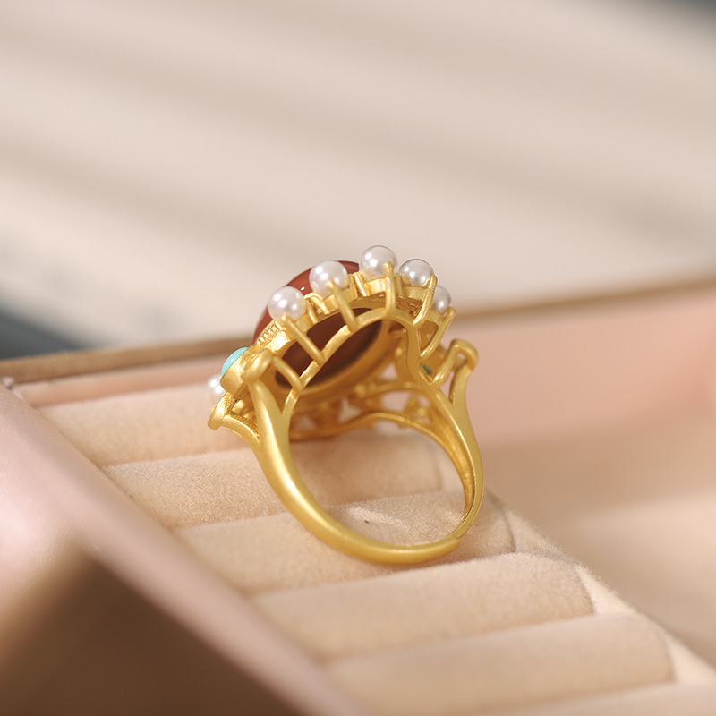 s925 silver inlaid red agate fashion gold-plated inlaid turquoise pearl ring