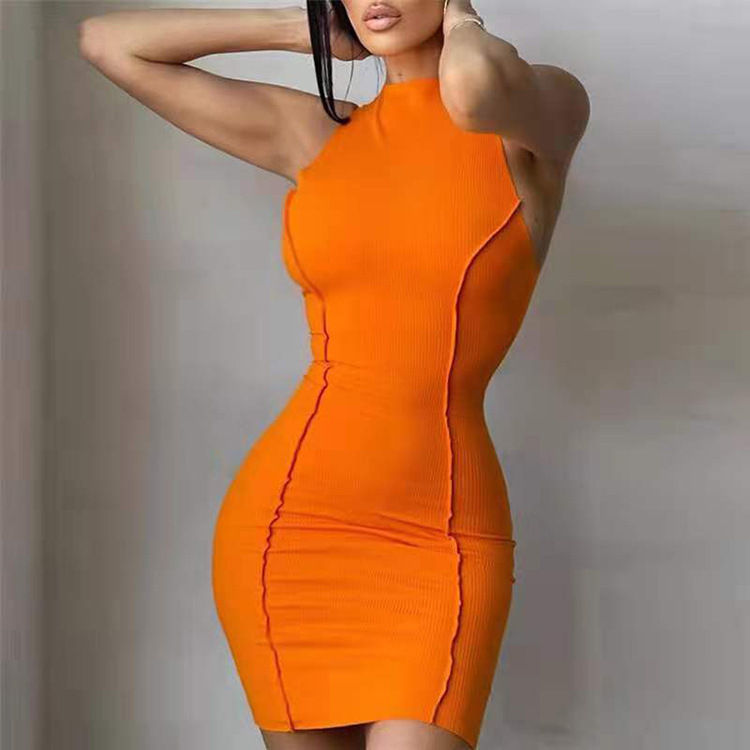 European and American Ins Style Summer Women's Round Neck Sleeveless Solid Color Fashion Slim Fit Waist-Hugging Dress Wholesale